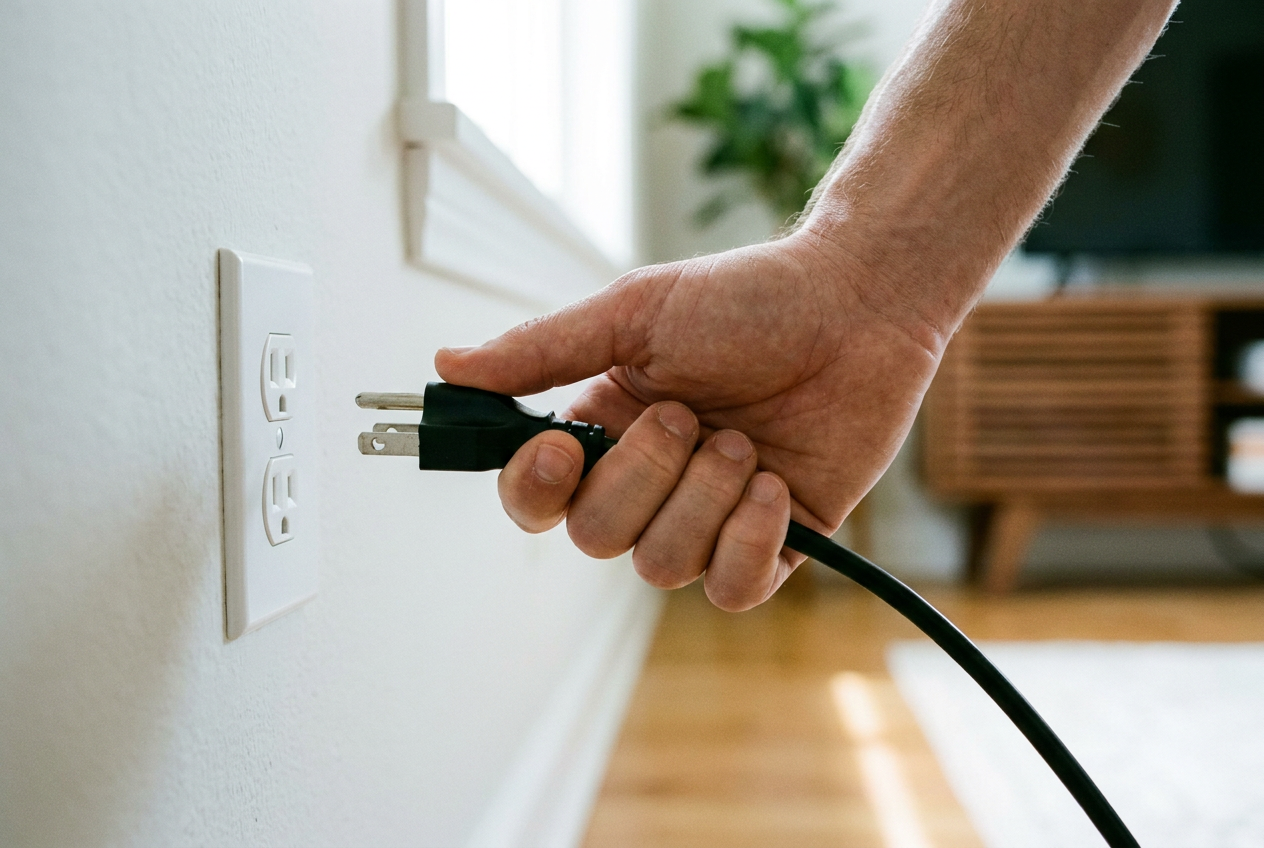Detalle de una mano desconectando el cable de alimentación de un enchufe de pared para reiniciar el televisor.