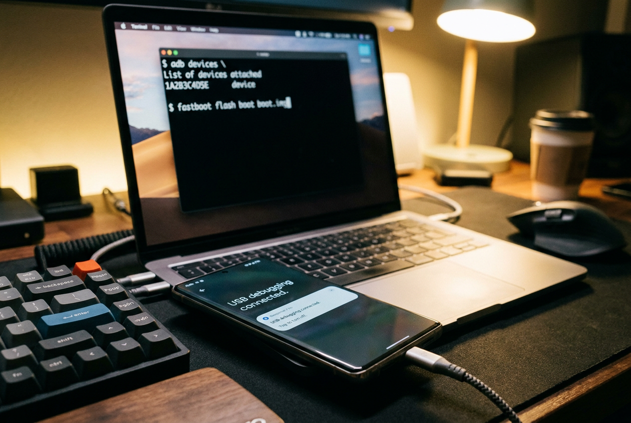 Smartphone Android conectado a un ordenador portátil mediante cable USB para depuración