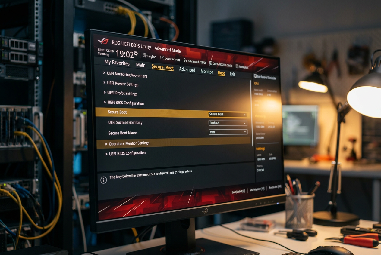 Captura de pantalla de un menú de BIOS UEFI resaltando la opción de Arranque Seguro (Secure Boot)