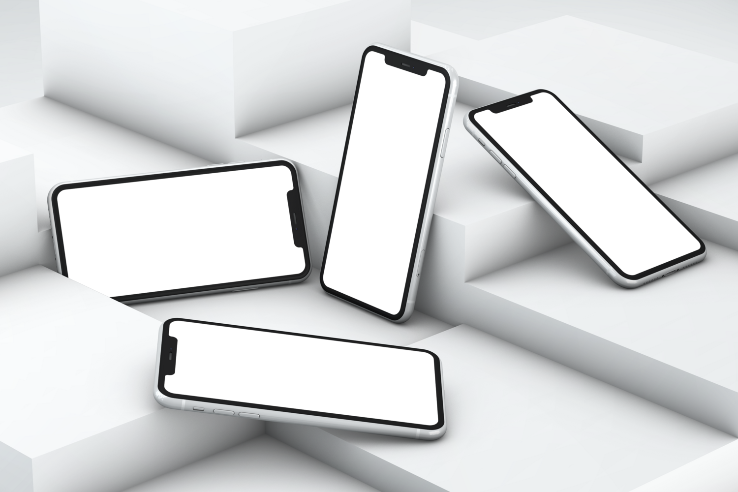 Conjunto de smartphones modernos sobre pedestales blancos minimalistas, representando la amplia compatibilidad y el despliegue de HyperOS 4 en diversos dispositivos.