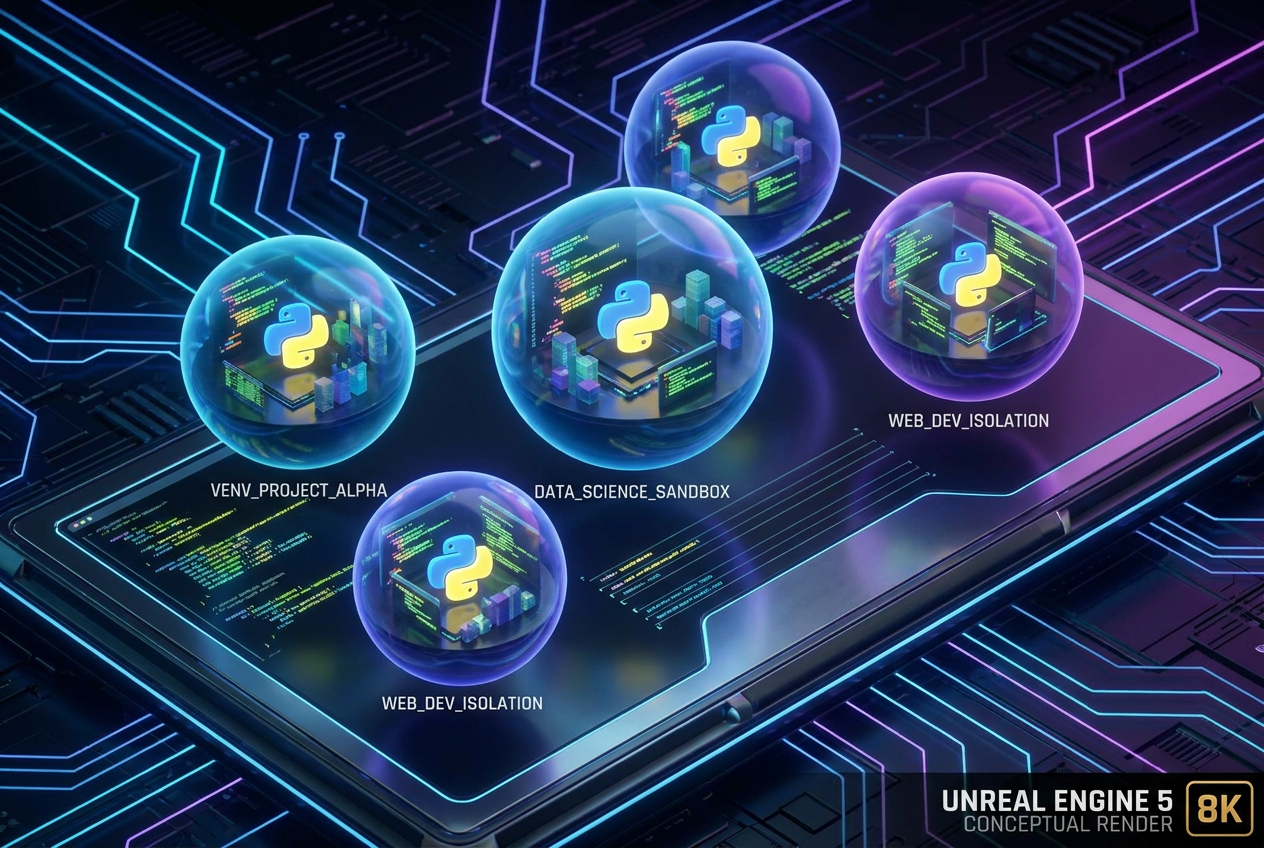 Ilustración conceptual en 3D de entornos virtuales de Python representados como esferas aisladas y brillantes con código y logos de Python en un entorno tecnológico futurista. Ilustración conceptual en 3D de entornos virtuales de Python representados como esferas aisladas y brillantes con código y logos de Python en un entorno tecnológico futurista.