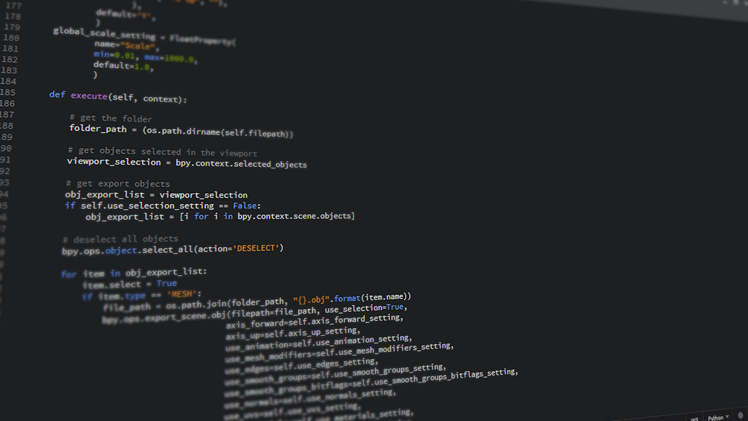 Primer plano de código de Python en la pantalla de un ordenador, ilustrando la fase de programación y configuración de entornos. Primer plano de código de Python en la pantalla de un ordenador, ilustrando la fase de programación y configuración de entornos.