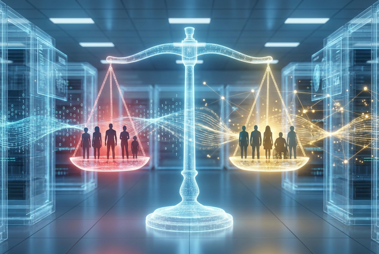 Visualización conceptual de ética e IA, representando la eliminación de sesgos algorítmicos mediante una balanza digital y flujos de datos.
