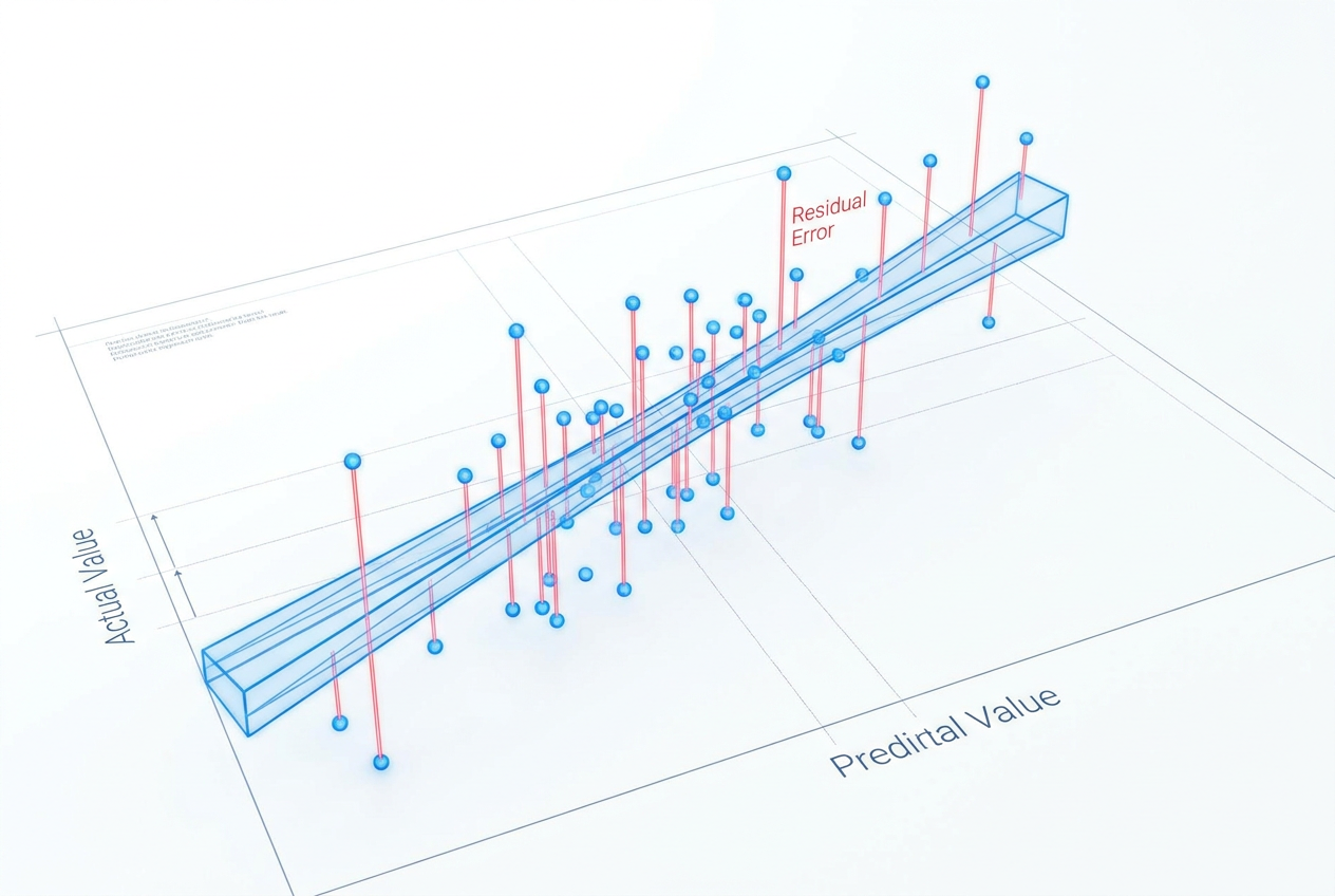 Representación técnica de métricas de regresión con un gráfico de dispersión 3D y líneas de error resaltadas.