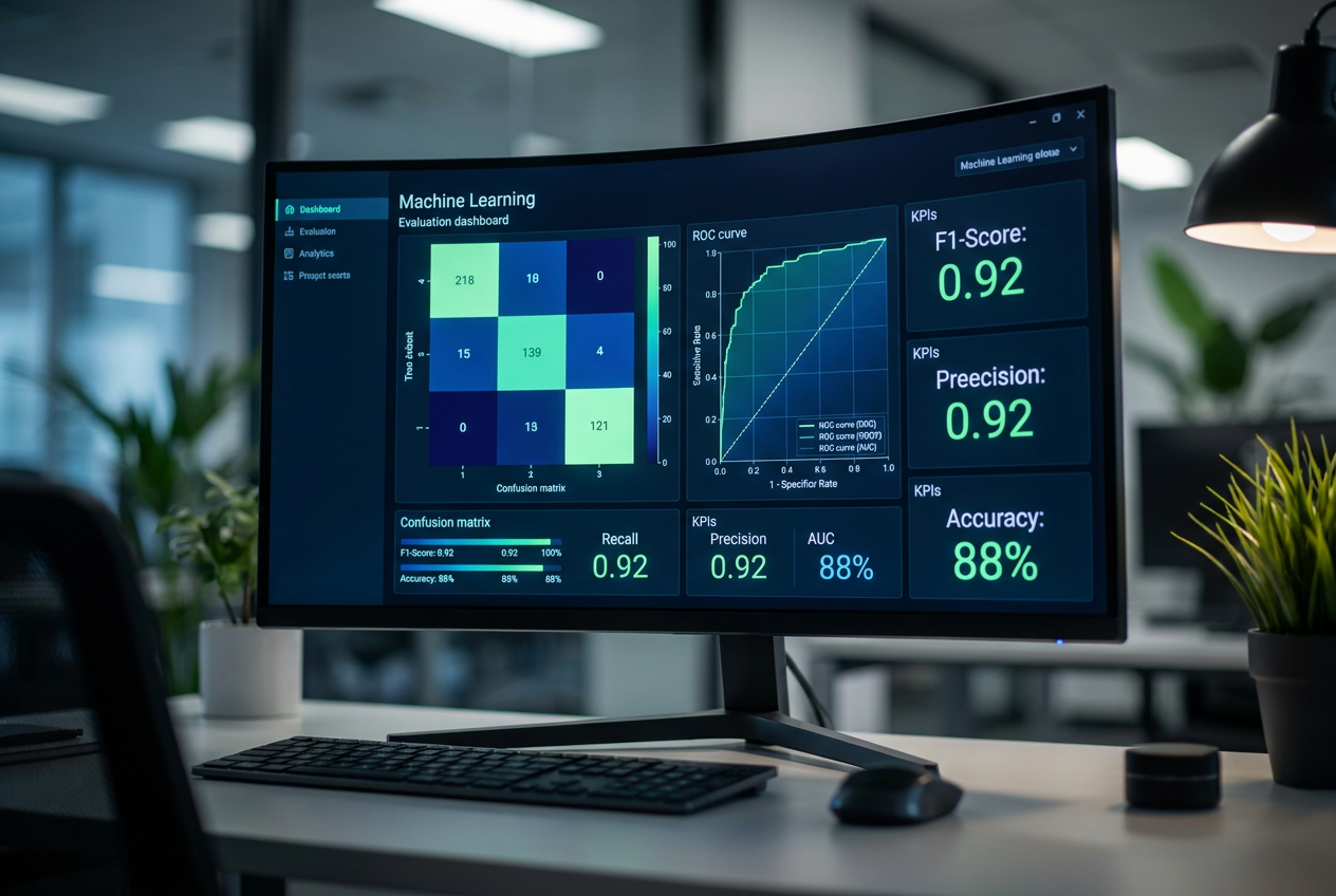 Dashboard profesional de evaluación de modelos de IA mostrando una matriz de confusión, curva ROC y métricas como F1-Score y Accuracy en modo oscuro.