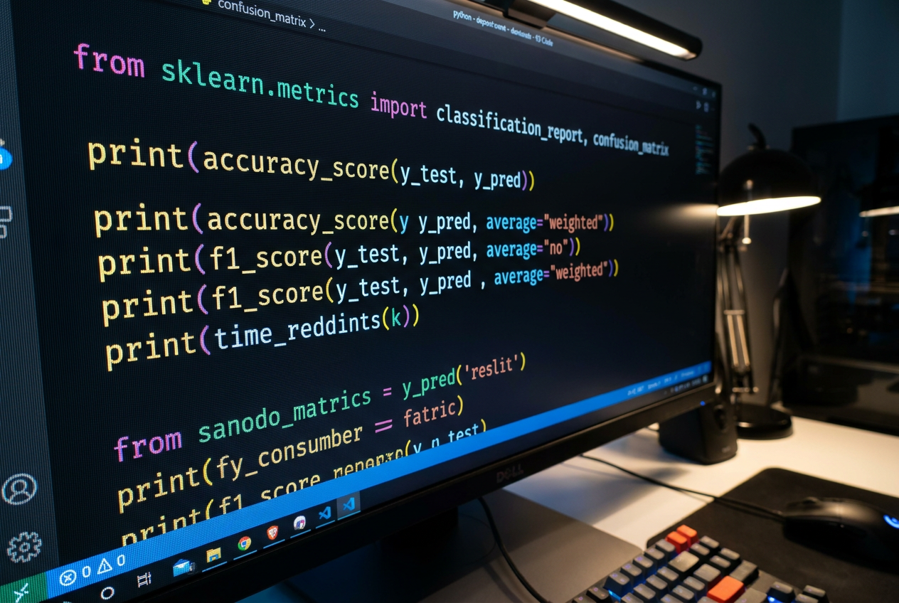 Código Python en un IDE profesional implementando métricas de evaluación de scikit-learn como classification_report y f1_score.