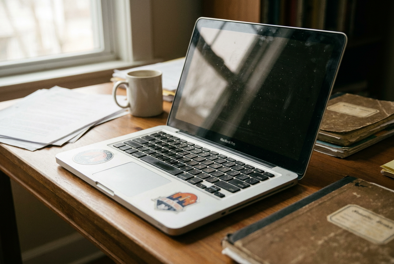 Ordenador portátil antiguo sobre una mesa de madera, representando un equipo que requiere métodos de bypass para instalar Windows 11