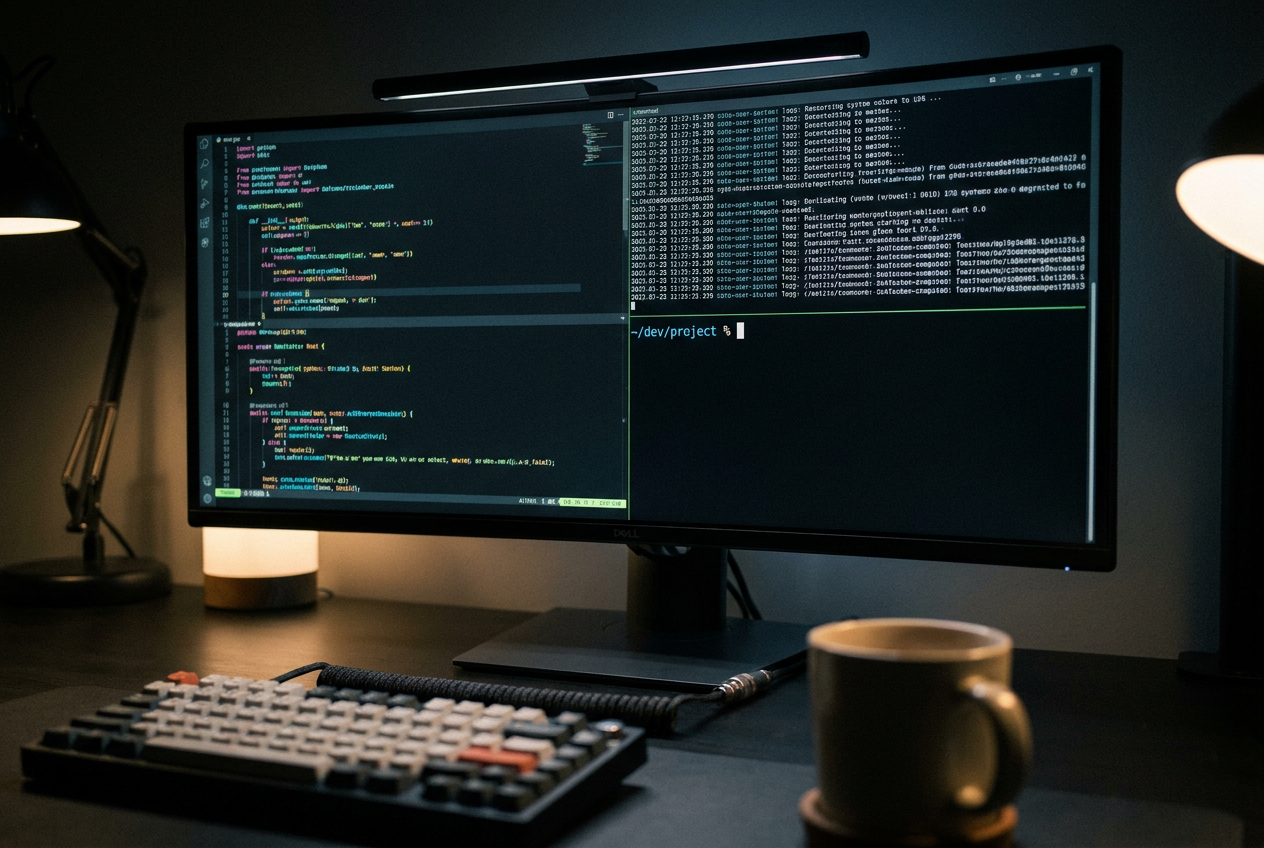 Pantalla de monitor moderno en entorno de desarrollo mostrando un multiplexor de terminal con varias divisiones de pantalla, código colorido y logs del sistema.