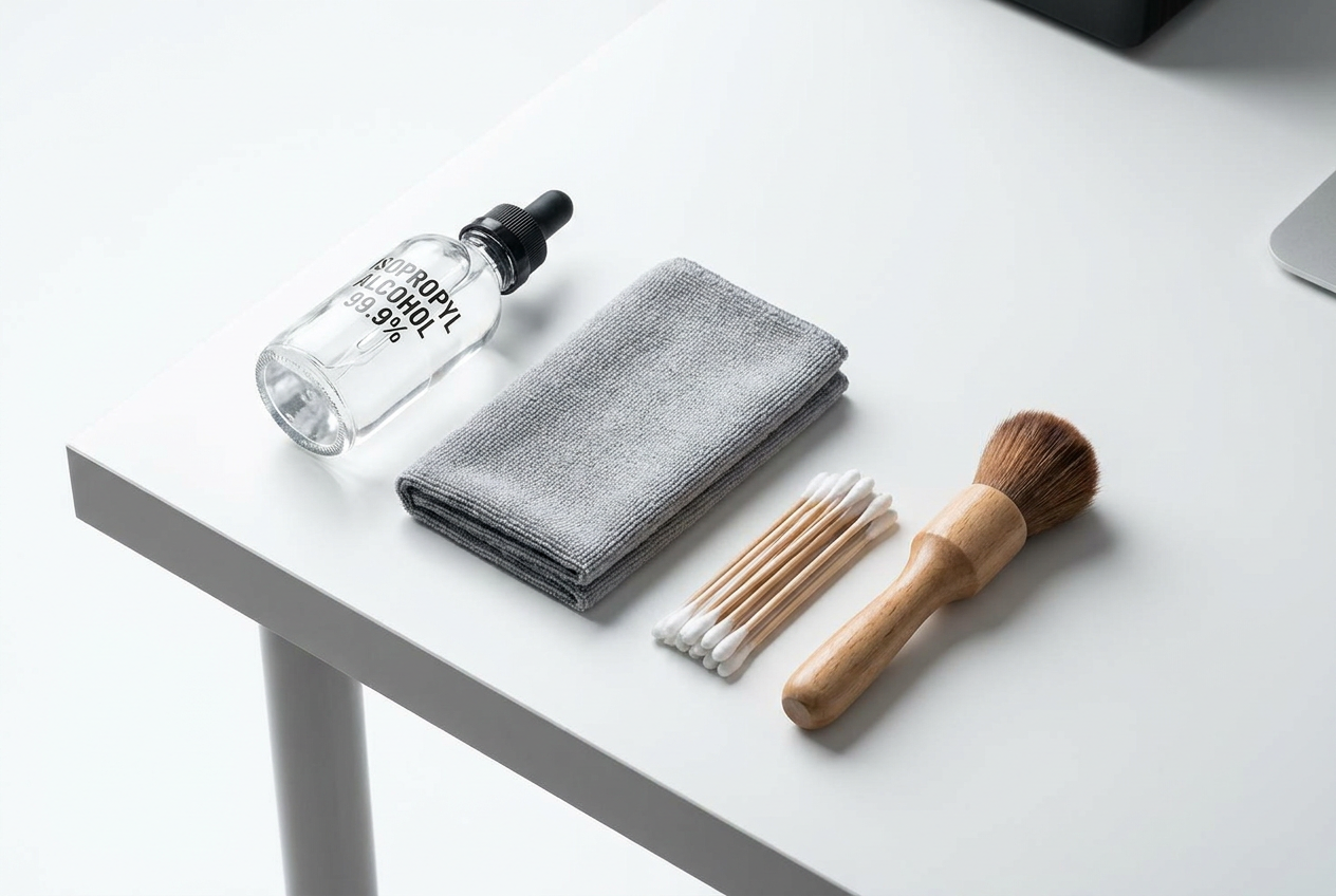 Kit de limpieza para micrófonos que incluye alcohol isopropílico, paño de microfibra, bastoncillos y un cepillo suave.