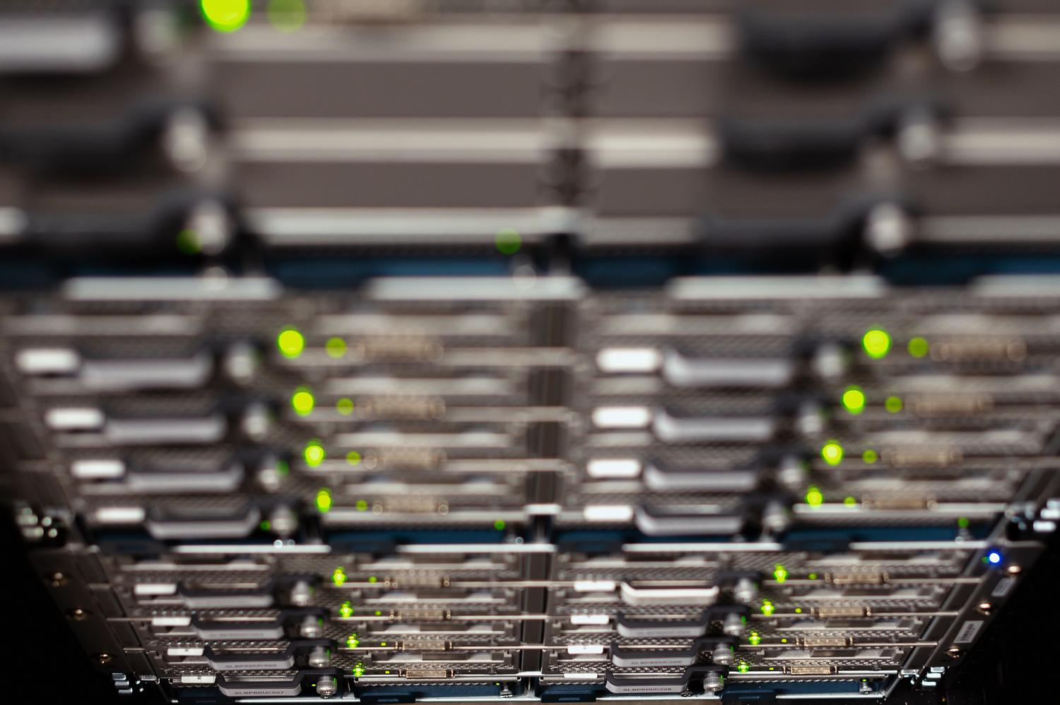 Top view of network cable trays in a contemporary data center