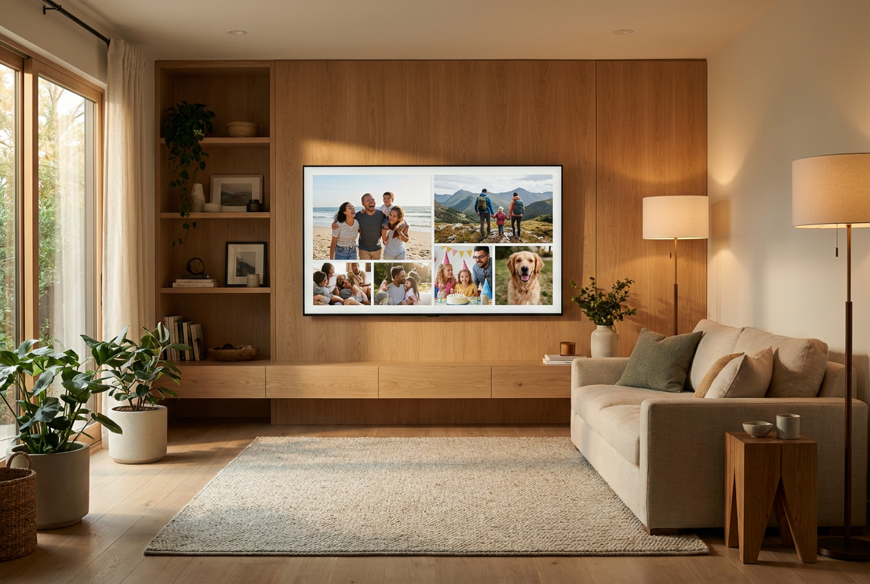 Smart TV configurado en modo ambiente para mostrar un collage de fotografías familiares en la pared del salón