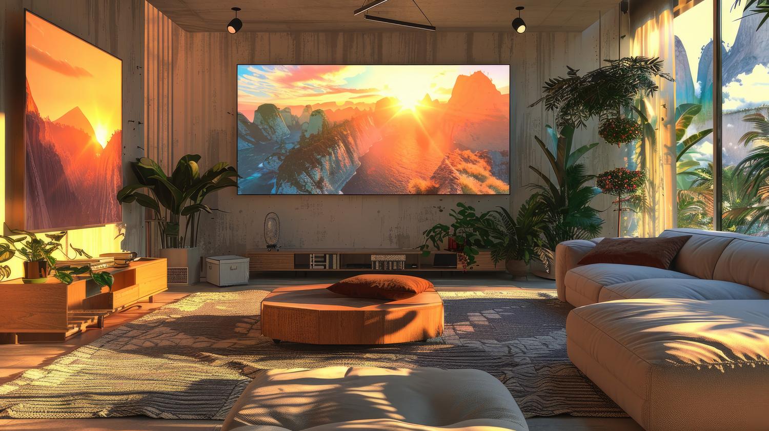 Televisor inteligente en modo ambiente mostrando una obra de arte digital en un salón moderno