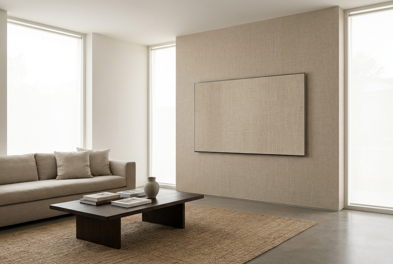 Efecto de mimetismo de un televisor inteligente que imita la textura y color de la pared del fondo