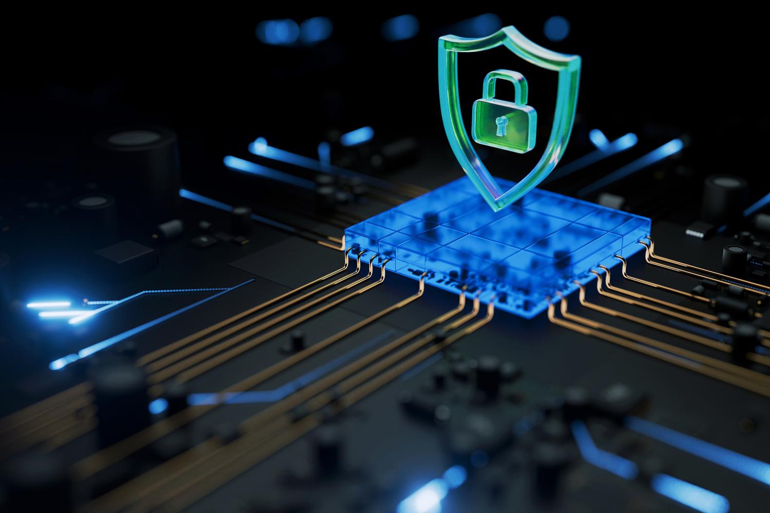 Ilustración tecnológica de un escudo holográfico sobre un circuito integrado, representando la seguridad de la infraestructura y la protección de datos.