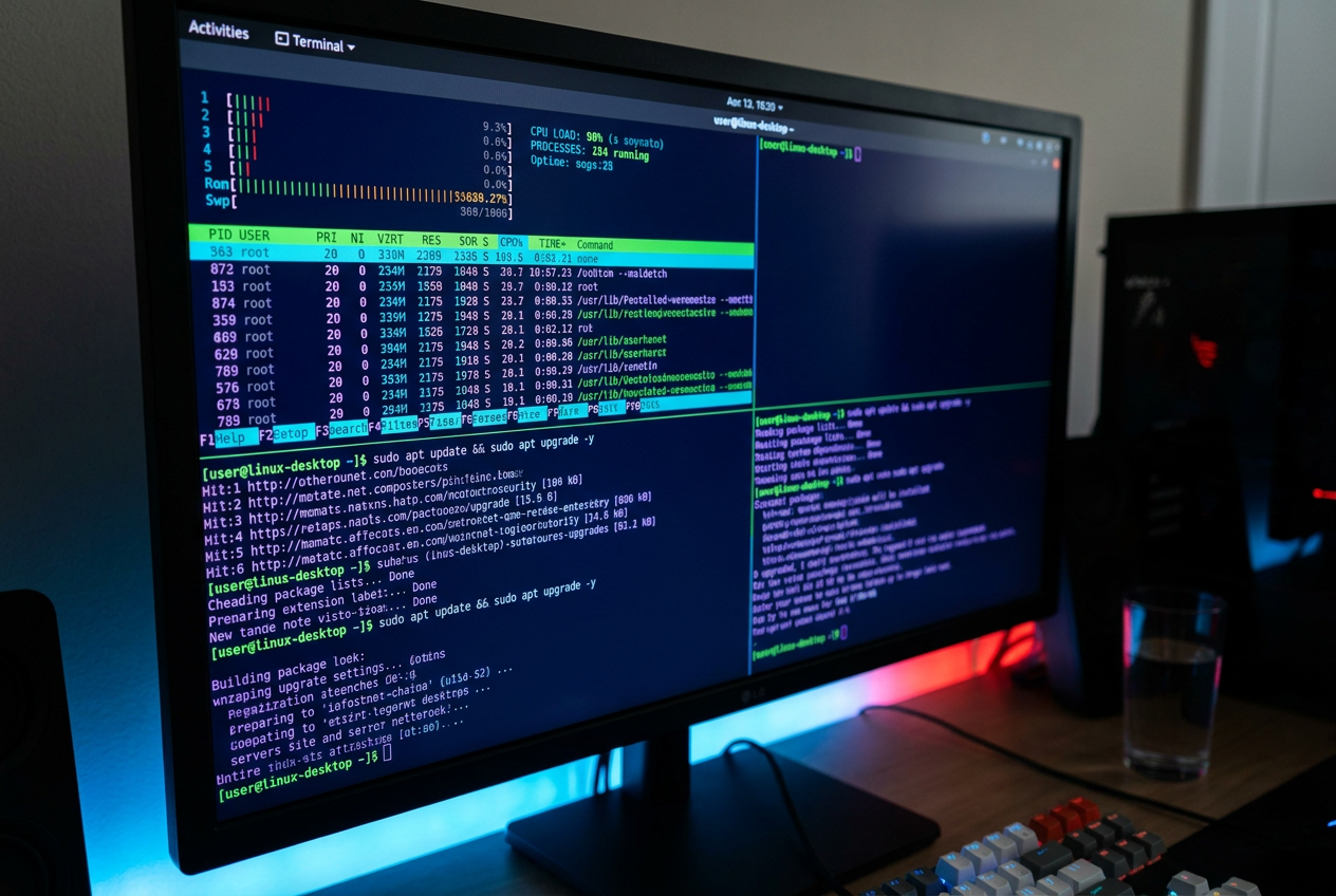Representación cinematográfica de una terminal de Linux ultra-rápida con interfaz de múltiples paneles, tipografía nítida y resaltado de sintaxis en colores neón sobre fondo oscuro.