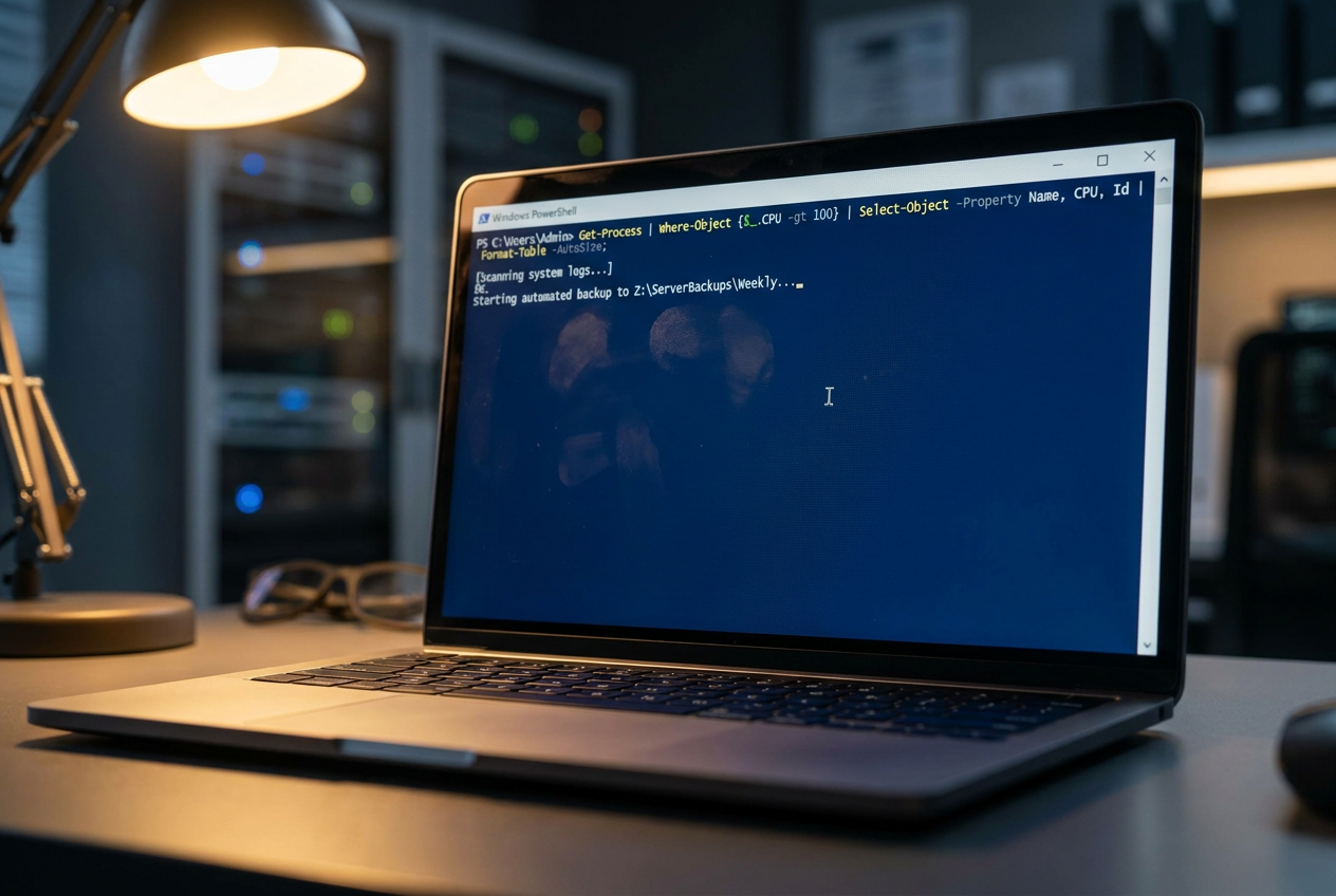 Pantalla de ordenador mostrando una consola de PowerShell con comandos de administración de sistema sobre un fondo azul
