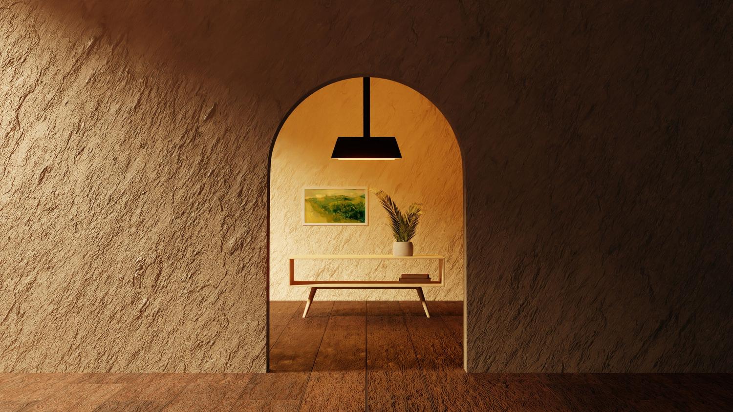 Visualización arquitectónica en 3D de una habitación minimalista, mostrando el uso de Blender en diseño de interiores.