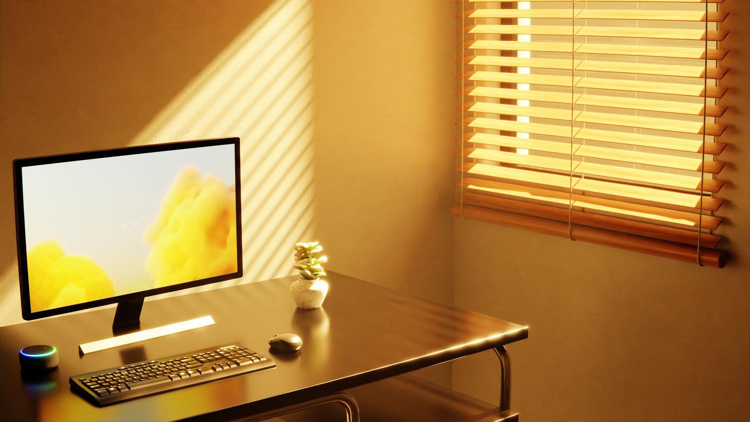 Espacio de trabajo profesional con monitor y luz natural, entorno ideal para un artista 3D.