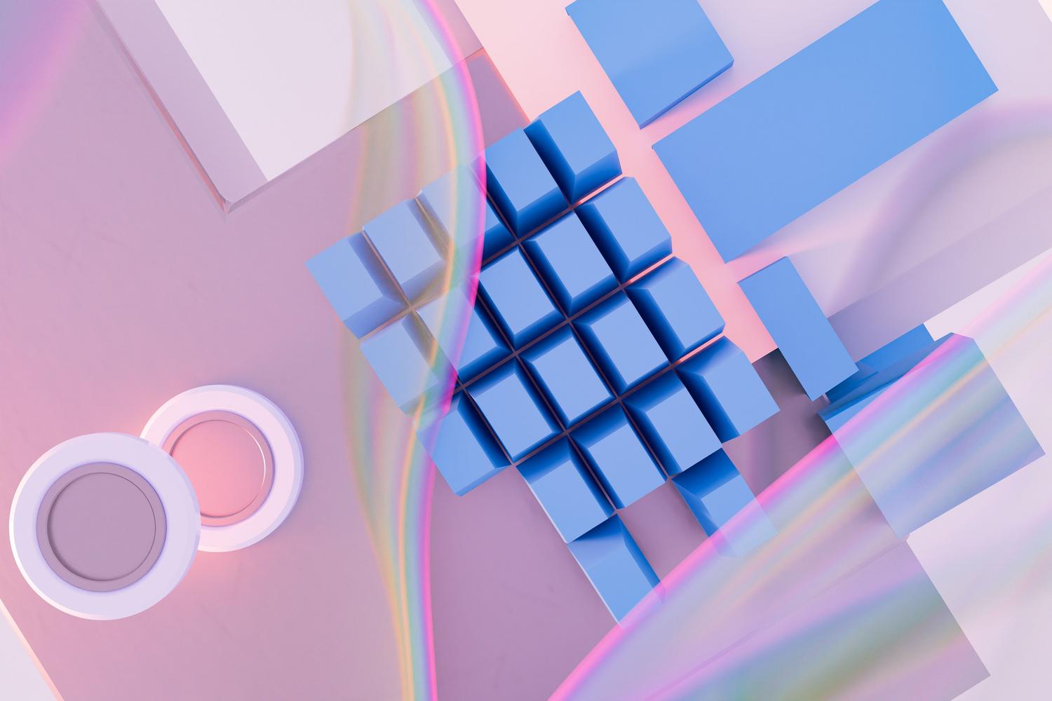 Renderizado 3D abstracto y colorido con formas geométricas, ejemplificando los resultados de Blender.