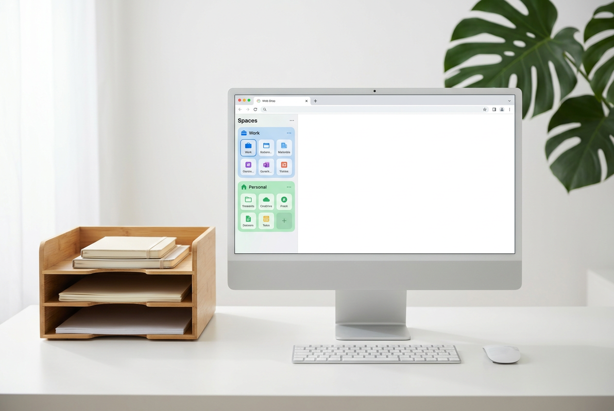 Espacio de trabajo minimalista con un monitor mostrando la interfaz de Arc Browser con espacios organizados por colores para trabajo y vida personal