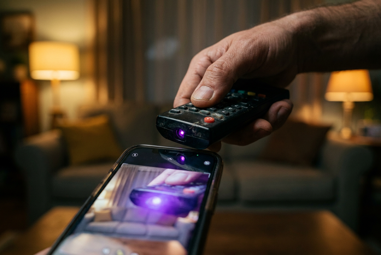 Prueba de señal infrarroja: mando a distancia apuntando a la cámara de un smartphone donde se aprecia el destello de luz en la pantalla