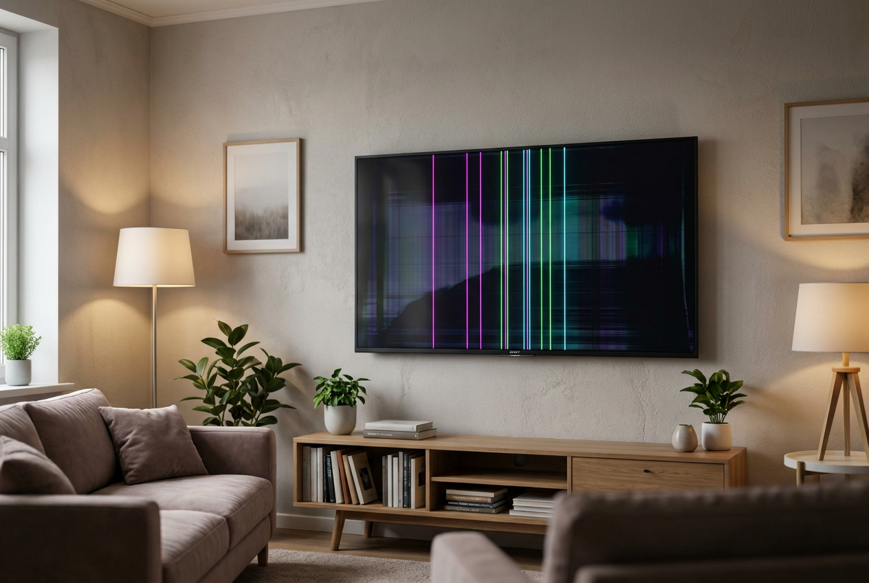 Smart TV montada en la pared con fallos de panel representados por líneas verticales de colores brillantes.