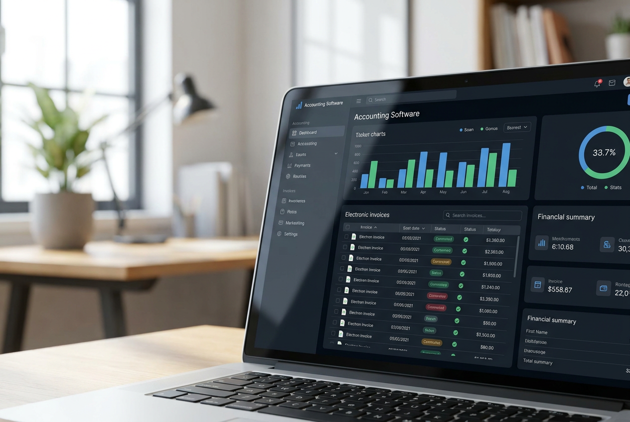 Panel de control de un software de contabilidad moderno con gráficos financieros y facturas electrónicas en una pantalla de portátil.