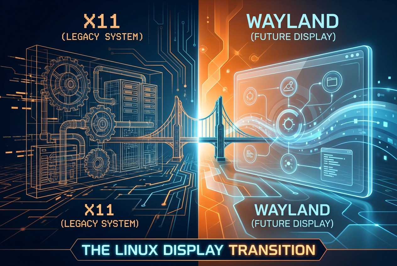 Ilustración conceptual que muestra la transición entre X11 y Wayland, dividiendo un diseño arquitectónico complejo y retro frente a uno moderno, limpio y vibrante.