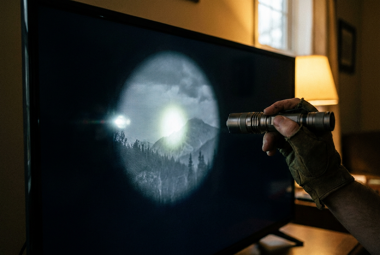 Prueba de la linterna en una pantalla de TV negra para detectar fallos de retroiluminación.