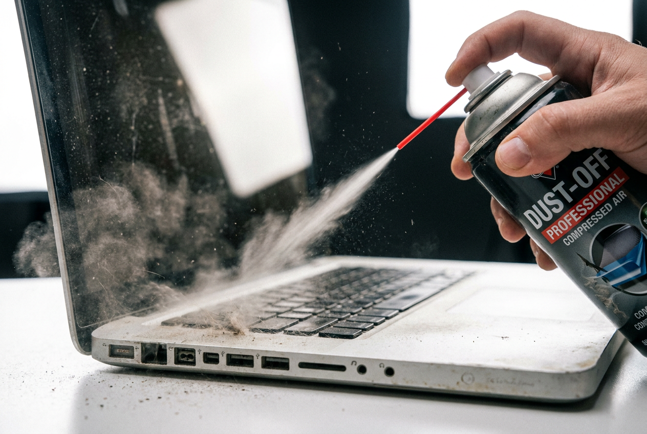 Primer plano profesional de una mano utilizando aire comprimido para limpiar el polvo de los ventiladores y el teclado de un MacBook plateado antiguo. Primer plano profesional de una mano utilizando aire comprimido para limpiar el polvo de los ventiladores y el teclado de un MacBook plateado antiguo.