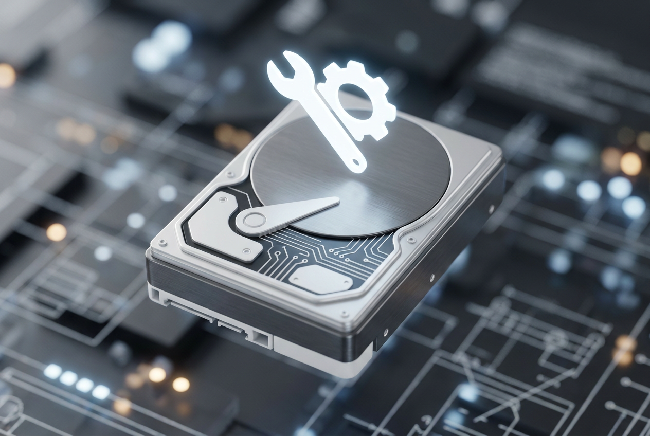 Render 3D de un chip de sistema con un icono de herramienta, ilustrando la reparación de permisos del disco local.