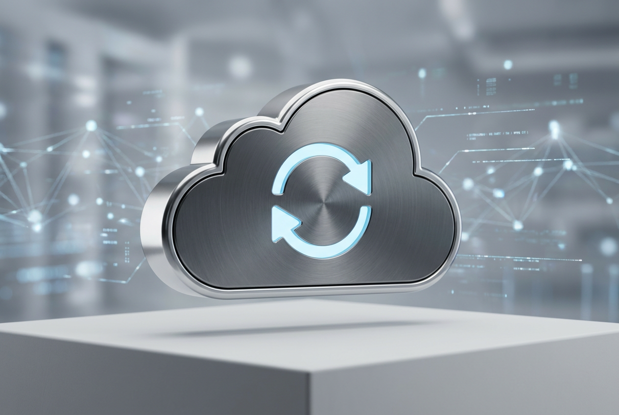 Render 3D de un icono de nube con flechas de sincronización, representando la solución de problemas en iCloud Drive.