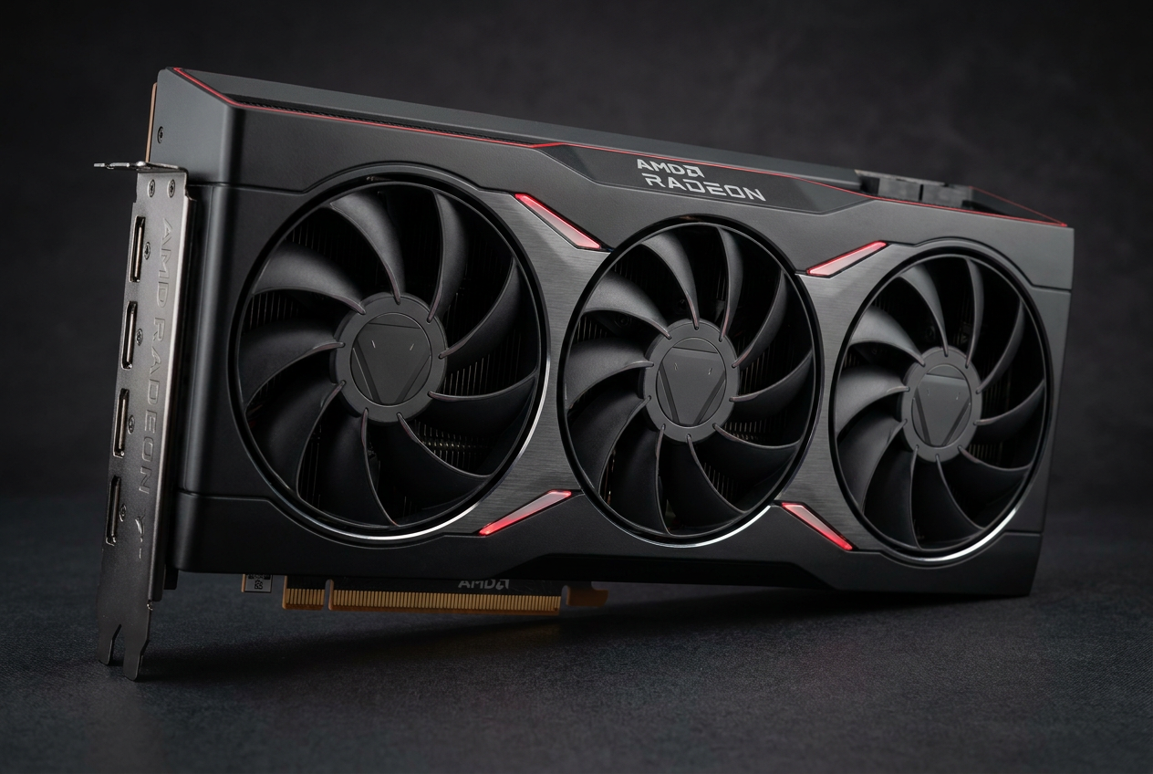Primer plano de una tarjeta gráfica AMD Radeon moderna con diseño elegante y ventiladores de refrigeración para alto rendimiento.
