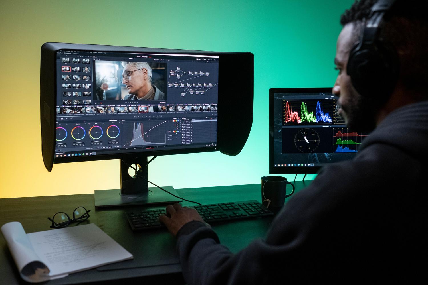 Editor de vídeo profesional trabajando en un estudio moderno con monitores de alta resolución y herramientas de color.