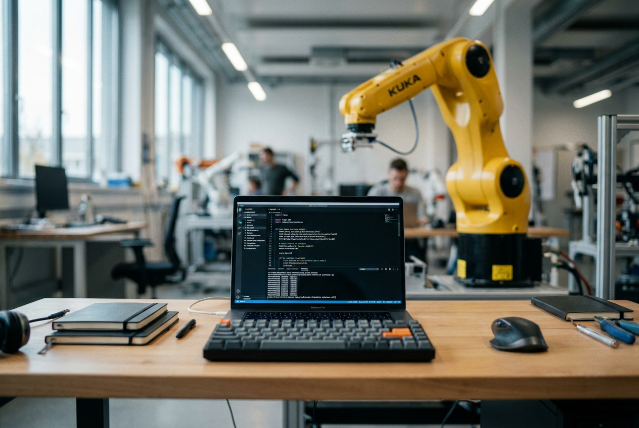 Interfaz de programación de software con código de scripting para robots industriales en un entorno de laboratorio moderno.